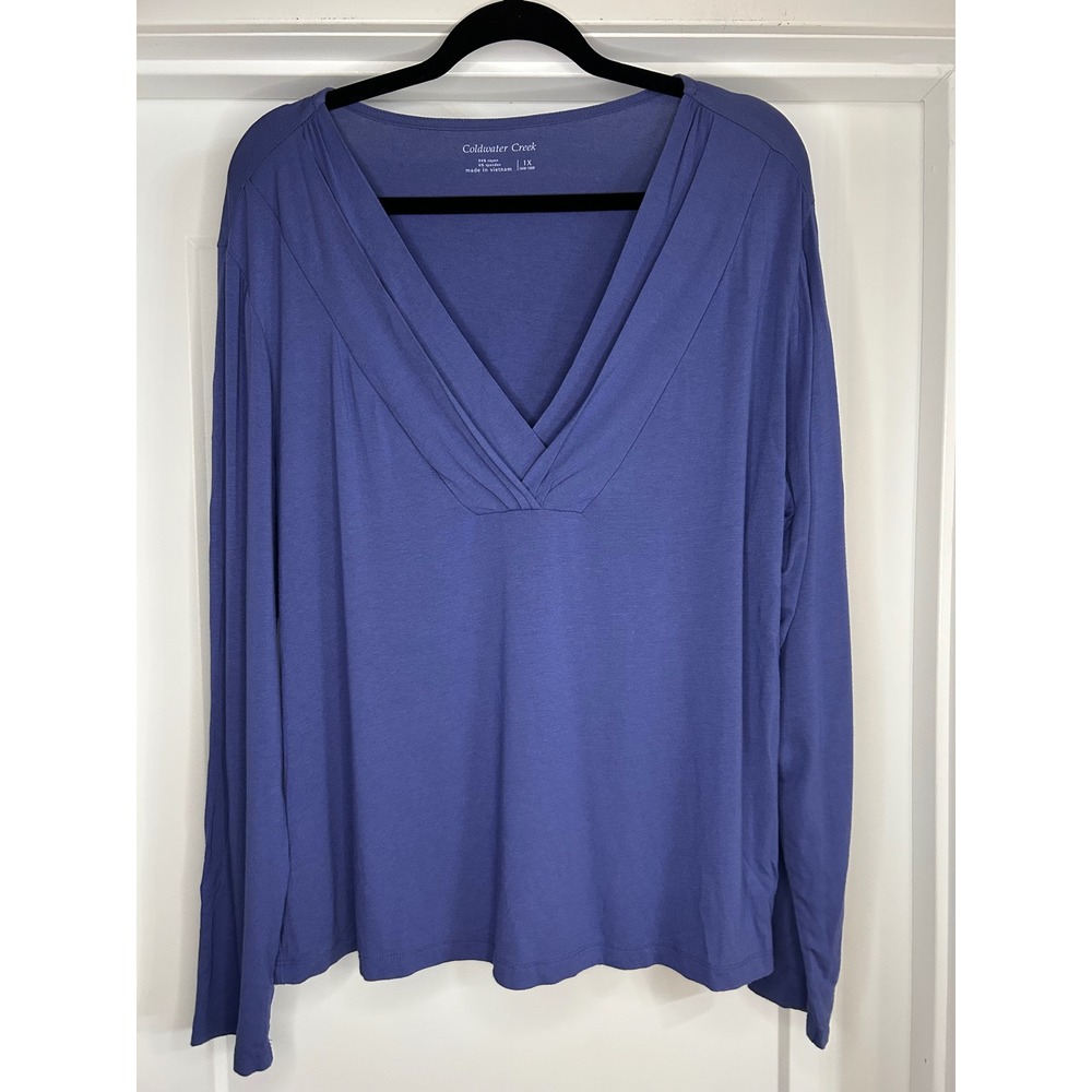 Coldwater Creek Womens Plus 1X Periwinkle Blue Pleated V-Neck Long Sleeve Top